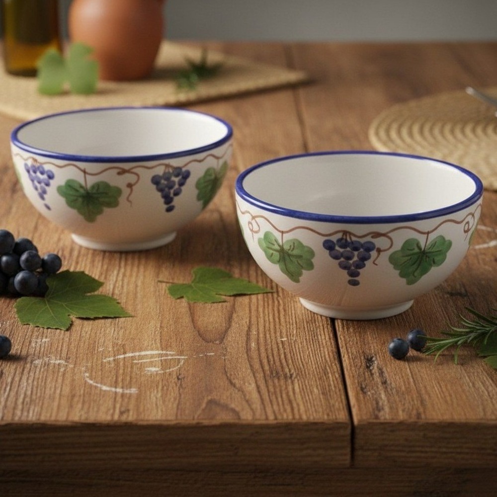 Giovanni Vietri Italy Hand Painted Grape Oval Ceramic Soup Cereal Bowls Set of 2